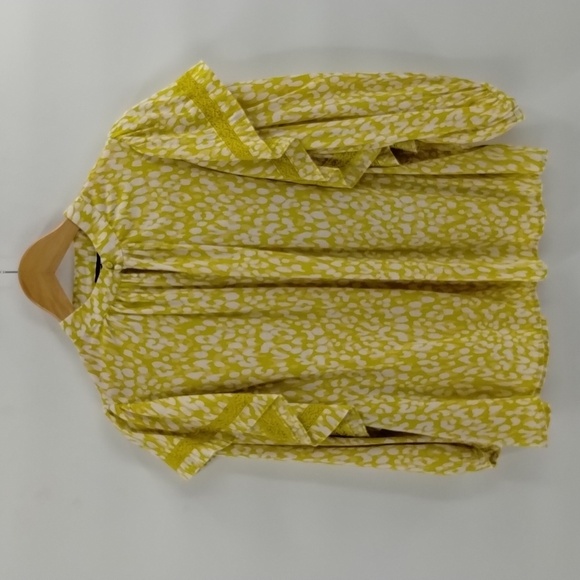 Who What Wear lime green tan white spotted print ruffle sleeve  medium blouse - Picture 1 of 7